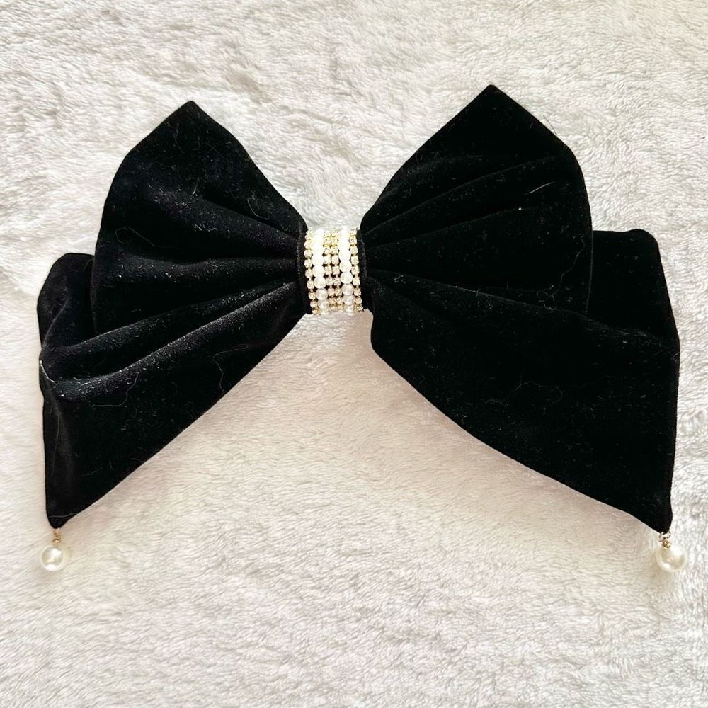Black velvet bow with faux pear and rhinestone accents